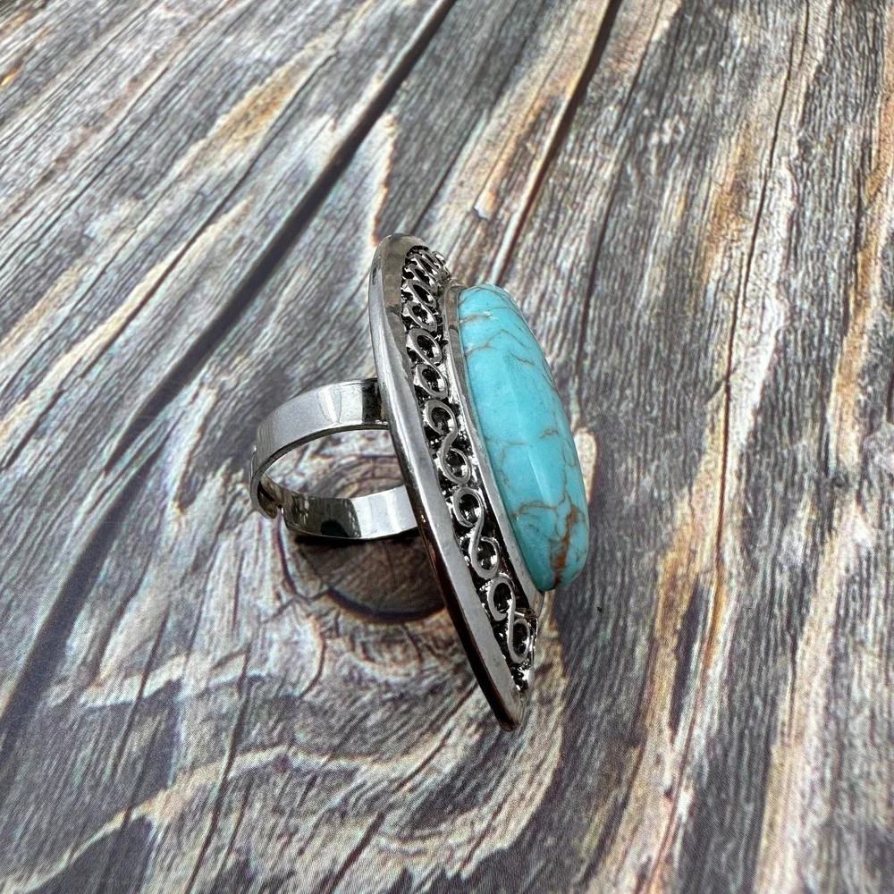 Boho Turquoise Oval Statement Ring Silver Tone Filigree Adjustable Vintage Gift